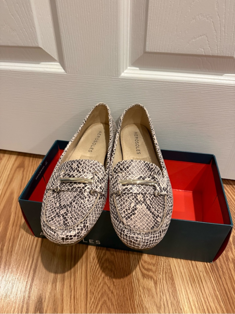 AEROSOLES Beige Snake-Print Loafers with Gold Bit